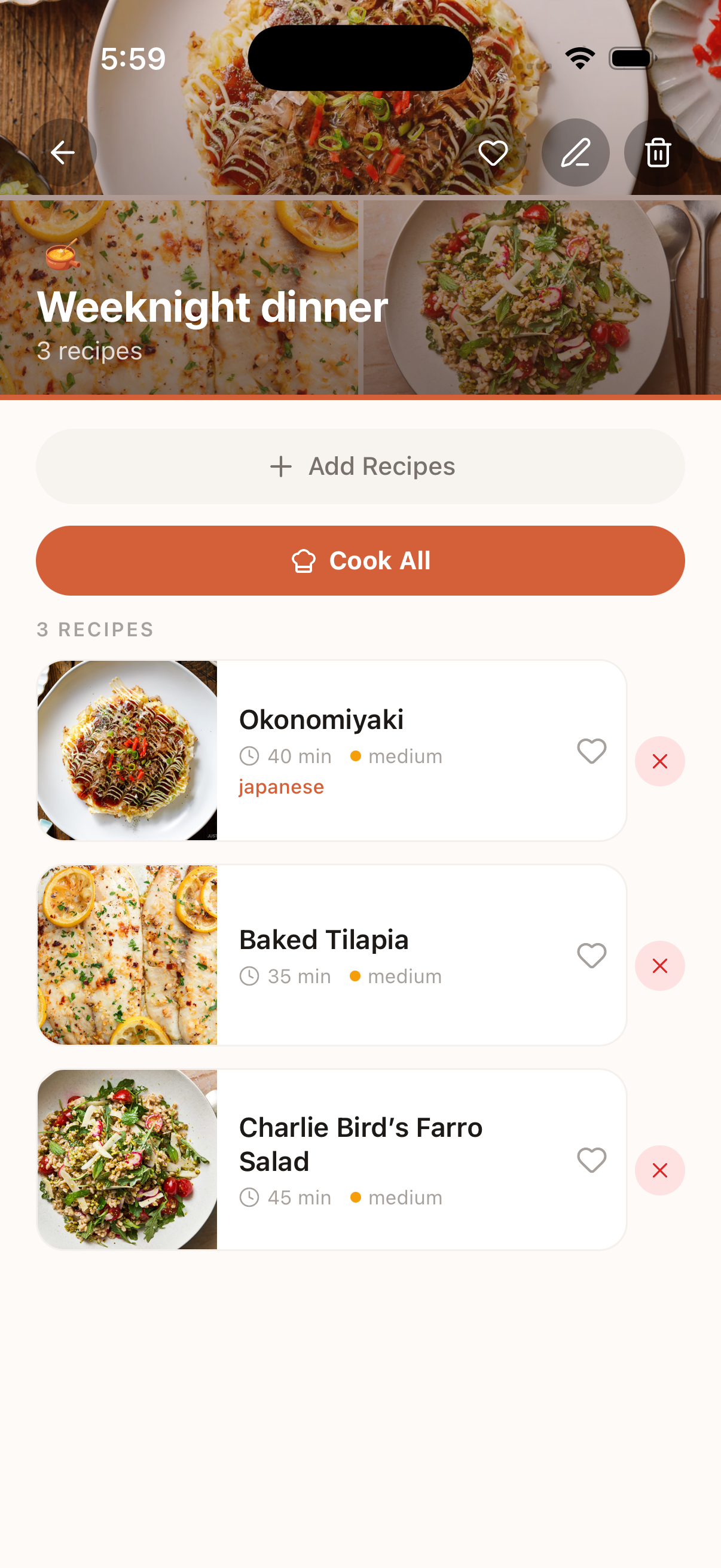 Weeknight dinner cookbook with recipe list